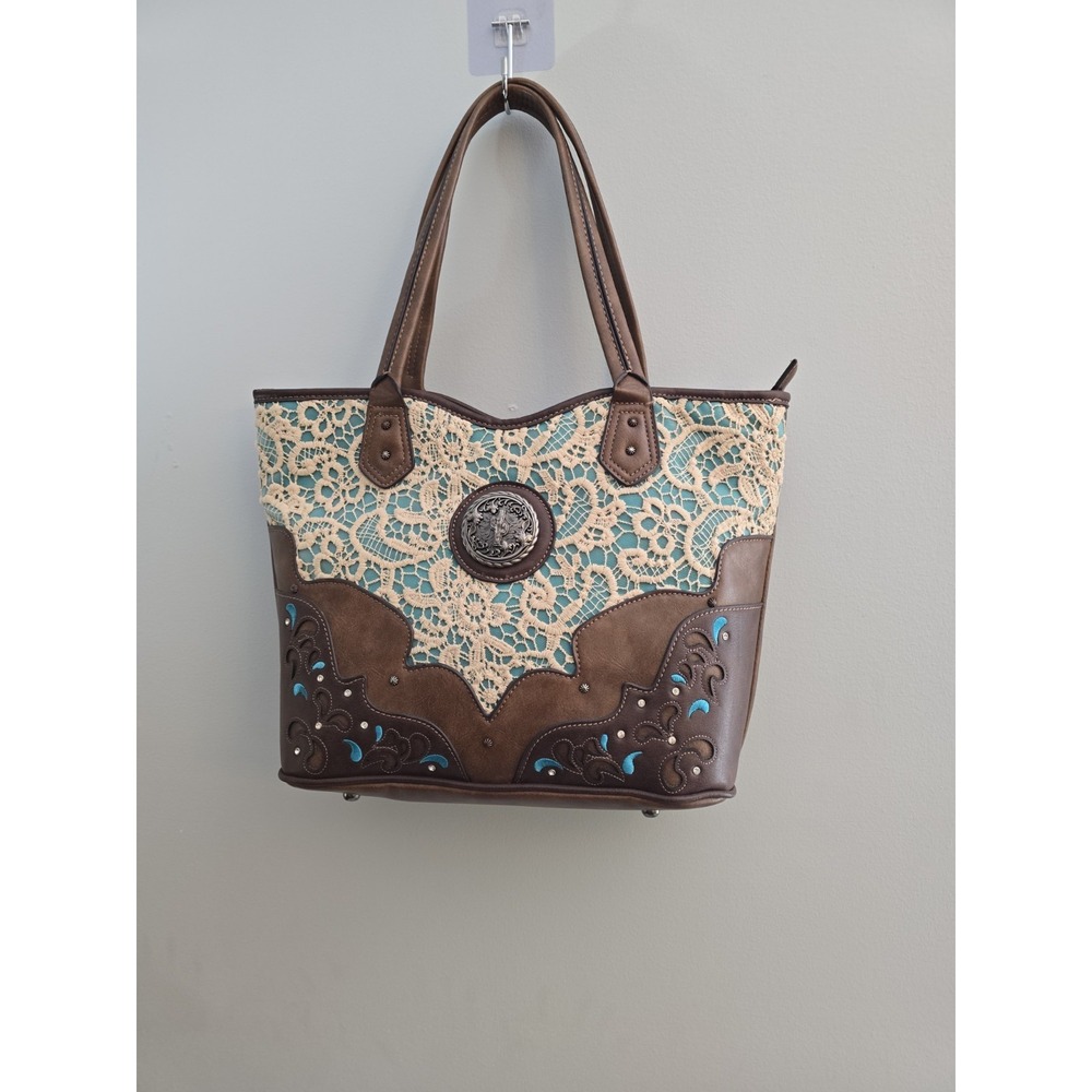 Justin Concealed Carry Bag Purse Handbag Tote Lace And Turquois Beautiful NEW